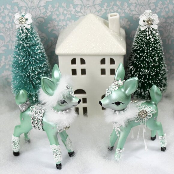 Mint Green Deer Bottle Brush Trees Vignette: Christmas Deer Trees House Set - Picture 2 of 13